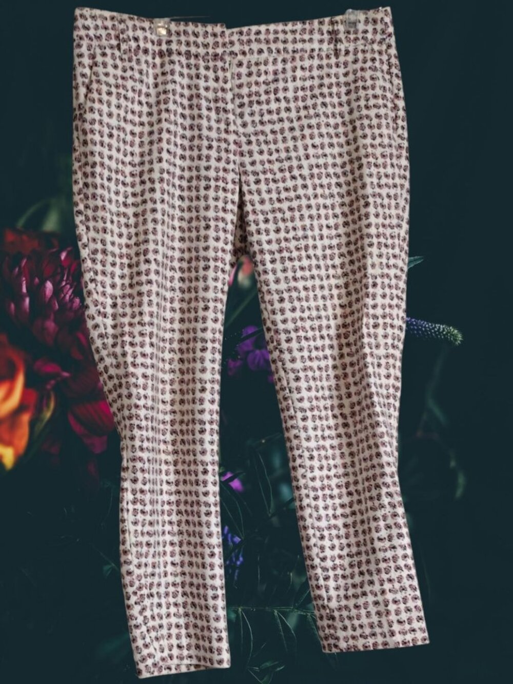 Porophrase Cropped Ankle Pants in Pink Micro Abstract Floral Print Size 10